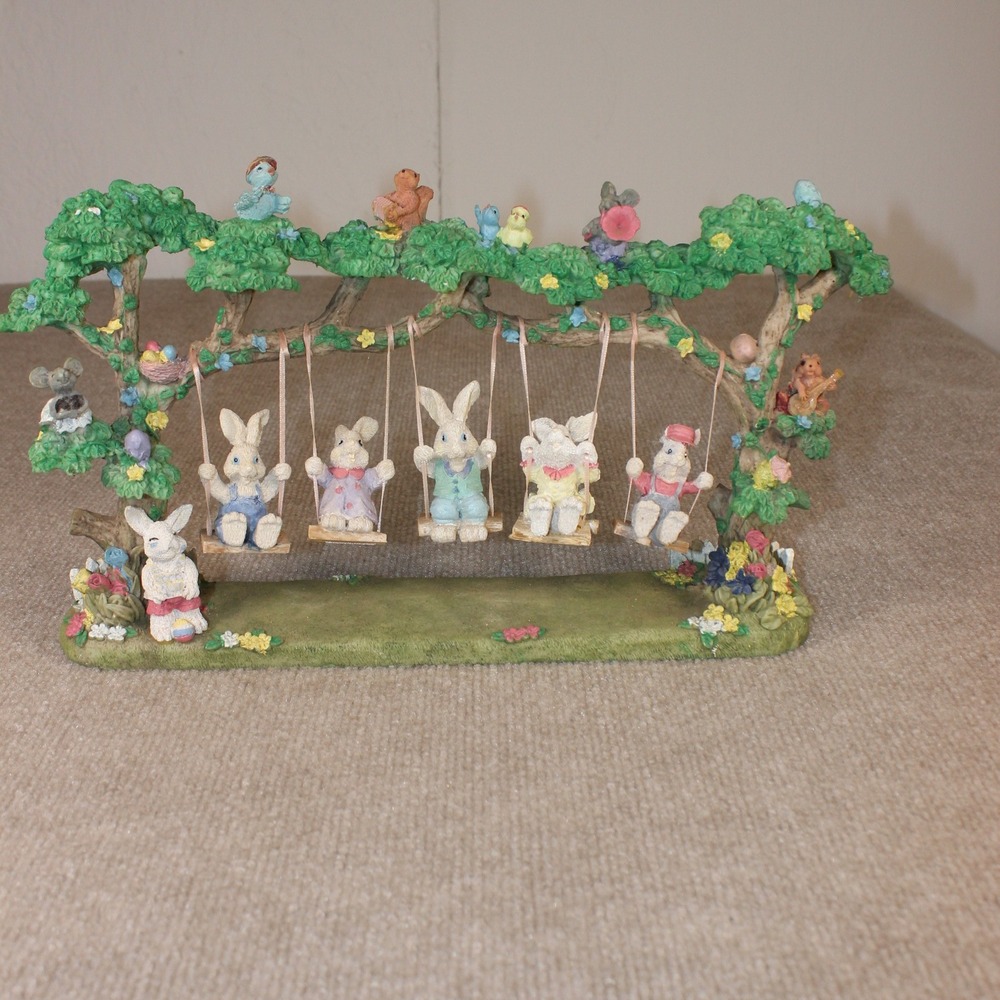 Vintage Jaimy Swinging Bunnies Figurine Easter Rabbit Tree Resin‎ Decor 13 Inch